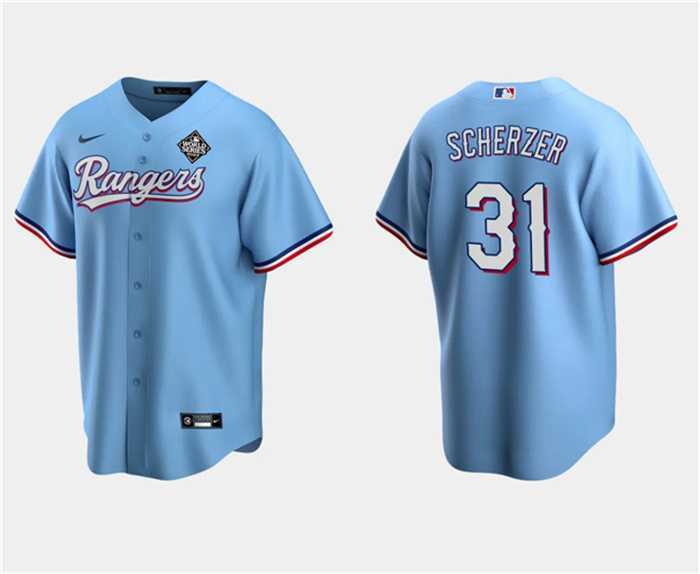 Mens Texas Rangers #31 Max Scherzer Blue 2023 World Series Stitched Baseball Jersey Dzhi